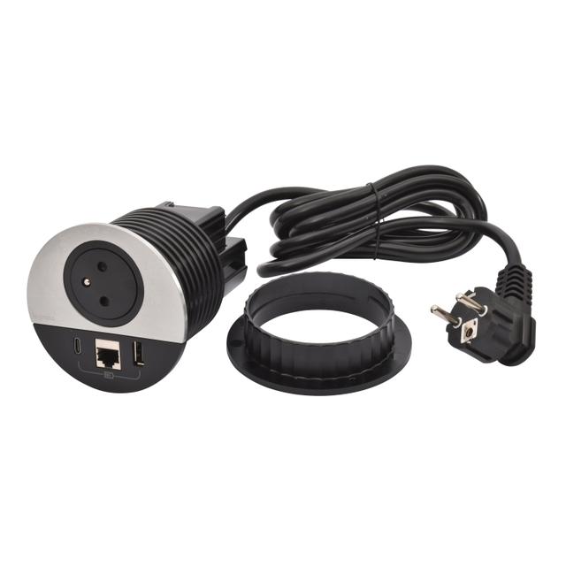 INCARA: DISQ 80 - 2P+Z / USB A+C / RJ45 - 2,0 M-METAL/CZARNY, Legrand