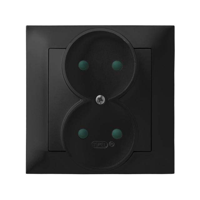 IMPRESJA Gniazdo podwójne z przesłonami torów prądowych, kompletne z ramką - kolor czarny metalik