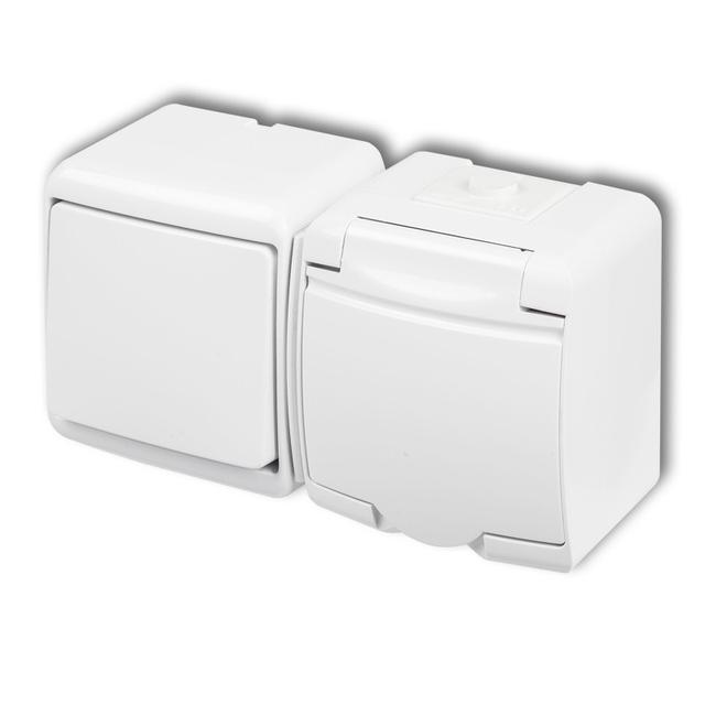 JUNIOR Łącznik jednobiegunowy z gniazdem pojedynczym z uziemieniem SCHUKO 2P+Z (klapka biała; bez pr