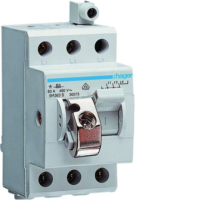 Modułowy rozłącznik izolacyjny w obudowie kompakt. 3P 63A 400VAC zac.dod. blok. SH363S HAGER