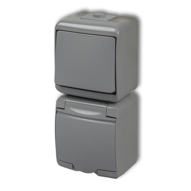 JUNIOR Łącznik jednobiegunowy z gniazdem pojedynczym z uziemieniem 2P+Z (klapka popielata; przesłony