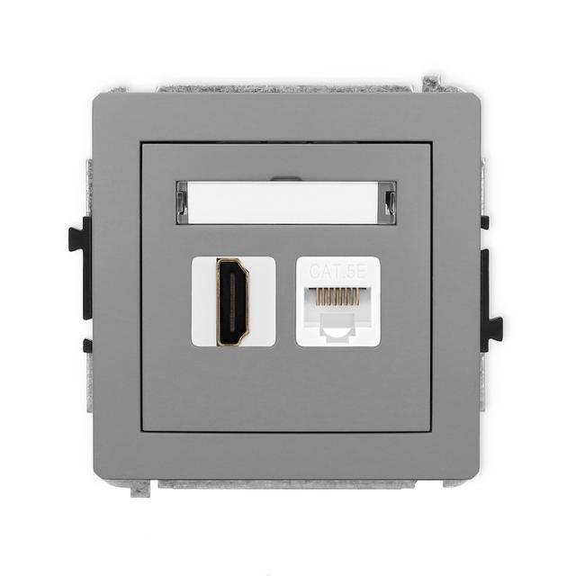 DECO Gniazdo pojedyncze HDMI 2.0, 4K + gniazda komp. poj. 1xRJ45, kat. 5e, 8-stykowy szary mat 27DGHK 27DGHK-45e KARLIK