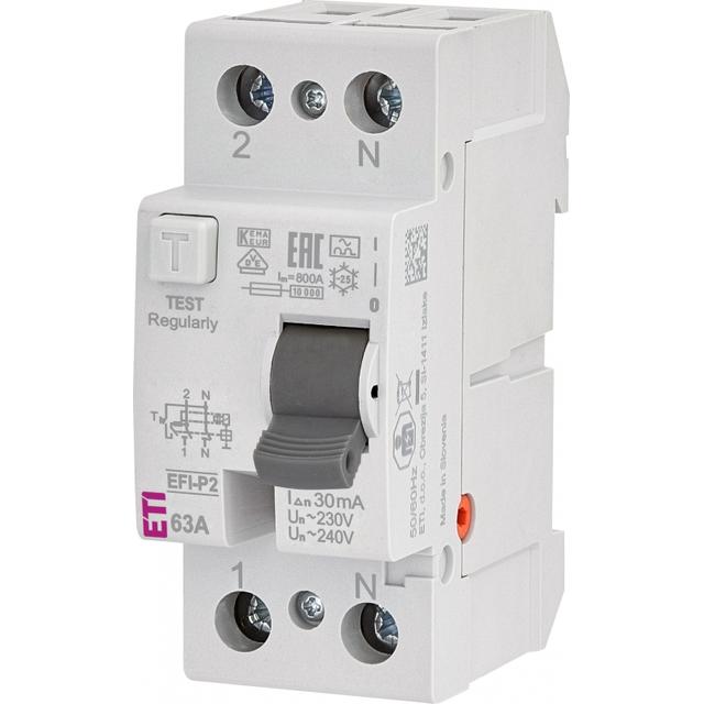 Wyłącznik różnicowoprądowy EFI-P2 A 63/0.03 1P+N 63A 30mA Typ A 002061113 ETI