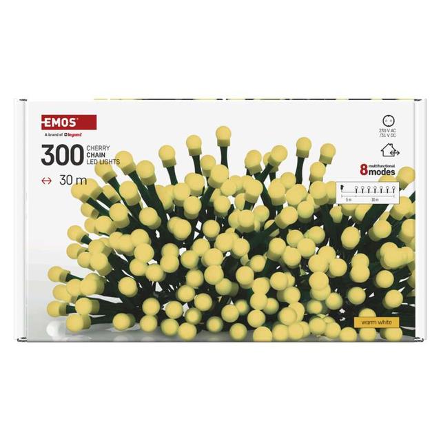 Lampki choinkowe 300 LED cherry 30m ciepła biel zielony przewód IP44 8 programów timer D5AW24 EMOS