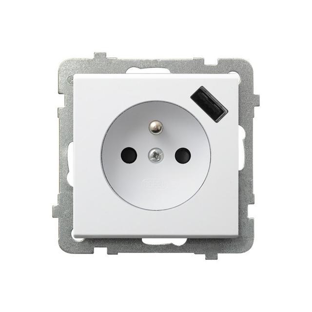 SONATA Gniazdo pojedyncze z uziemieniem z przesłonami torów prądowych, z ładowarką USB - kolor biały