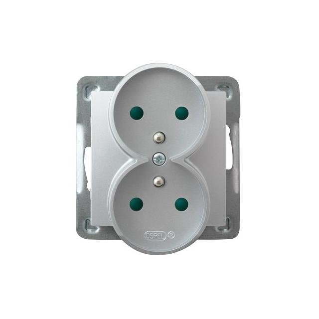 IMPRESJA Gniazdo podwójne z uziemieniem z przesłonami torów prądowych, moduł bez ramki - kolor srebr