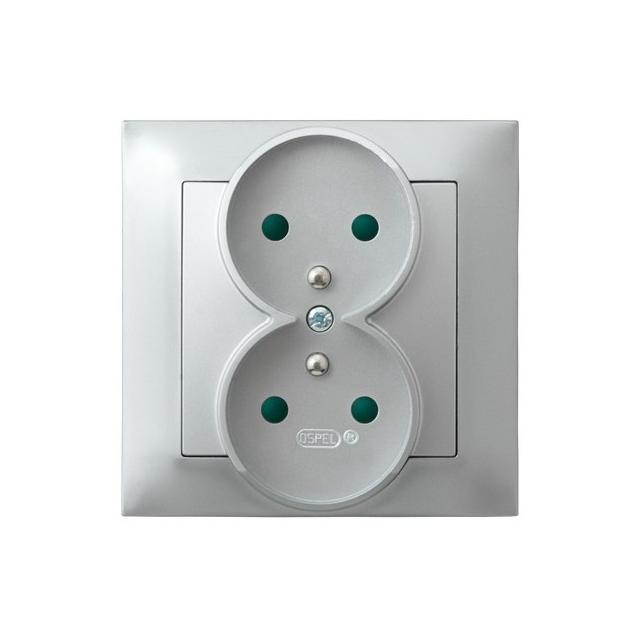 IMPRESJA Gniazdo podwójne z uziemieniem z przesłonami torów prądowych, kompletne z ramką - kolor sre