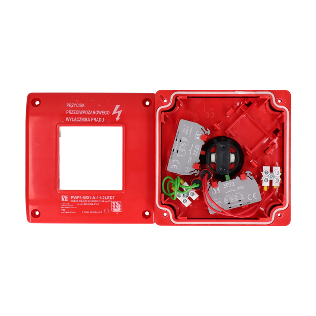 Ręczny przycisk ppoż wyłącznika prądu PWP 2Z 2LED zielony/czerwony 230V CNBOP SPAMEL