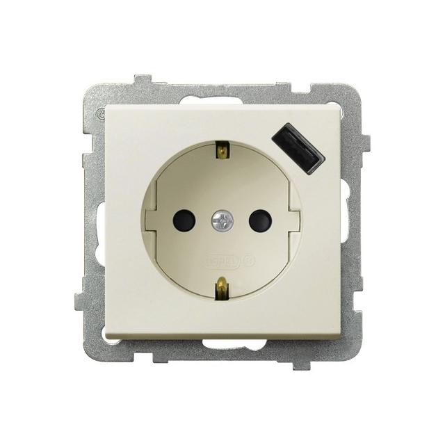 SONATA Gniazdo pojedyncze z uziemieniem schuko z przesłonami torów prądowych z ładowarką USB kolor ecru GP-1RSPUSB/m/27 OSPEL