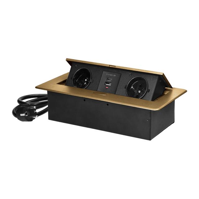 Gniazda meblowe wpuszczane w blat z płaskim frezowanym rantem, ładowarką USB i przewodem 1,5m, 2x2P+