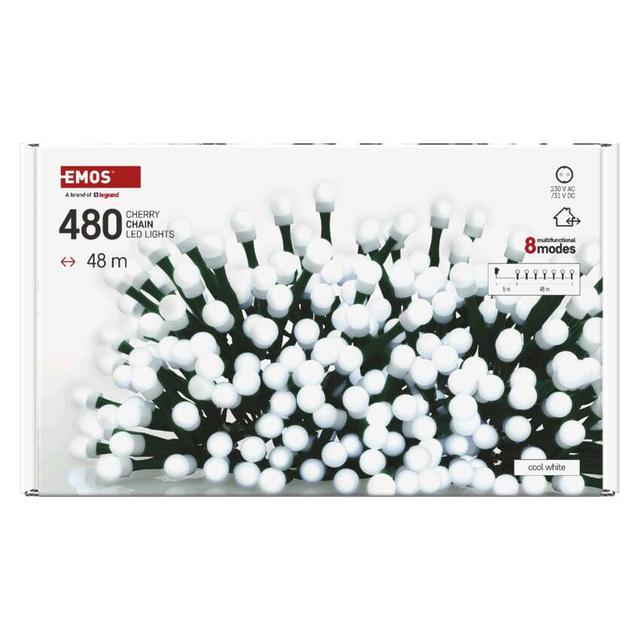 Lampki choinkowe 480 LED cherry 48m zimna biel zielony przewód IP44 8 programów timer D5AC25 EMOS