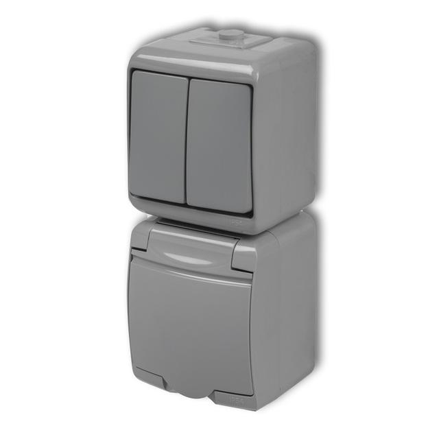 JUNIOR Łącznik świecznikowy z gniazdem pojedynczym z uziemieniem 2P+Z (klapka popielata; bez przesło