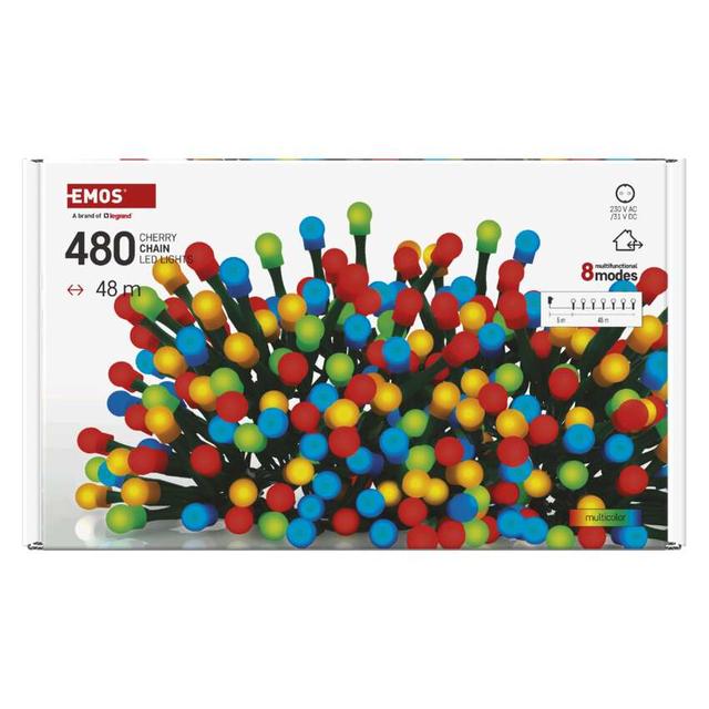 Lampki choinkowe 480 LED cherry 48m multikolor zielony przewód IP44 8 programów timer D5AM27 EMOS