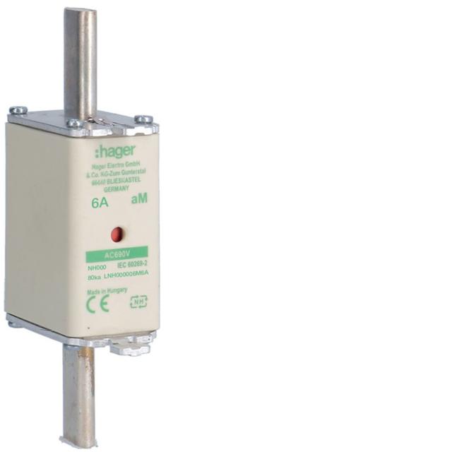 Wkładka bezp. nożowa NH000 wsk.podw. uchwyt nieiz. aM 6A 690VAC LNH000006M6A HAGER