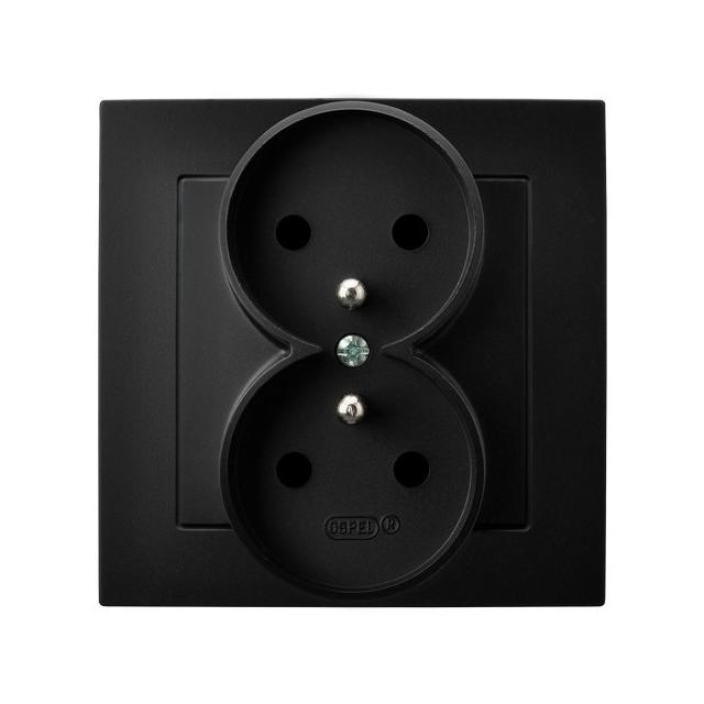 AS Gniazdo podwójne z uziemieniem kompletne z ramką - kolor czarny metalik