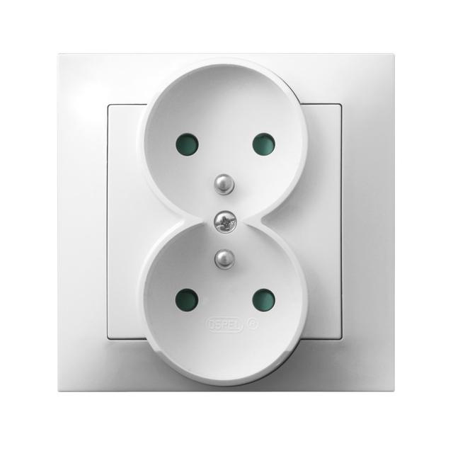 IMPRESJA Gniazdo podwójne z uziemieniem z przesłonami torów prądowych, kompletne z ramką - kolor bia