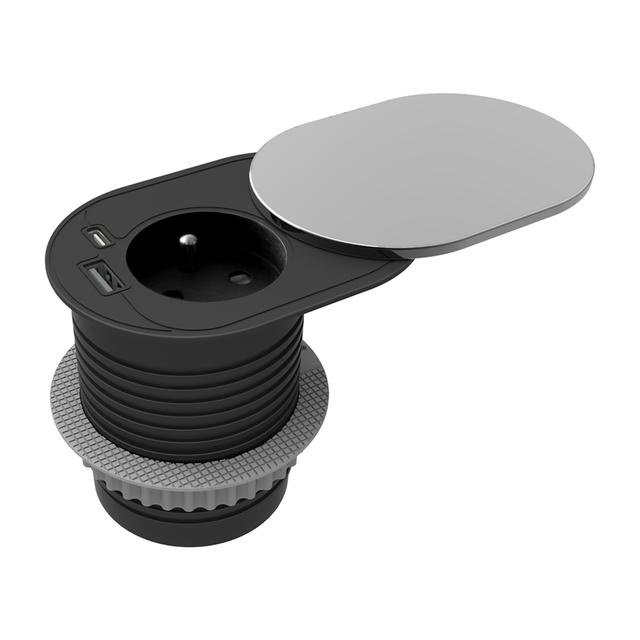 Gniazdo meblowe O6cm, wpuszczane w blat z przesuwną pokrywką, ładowarką USB i przewodem 1,9m, 1x2P+Z