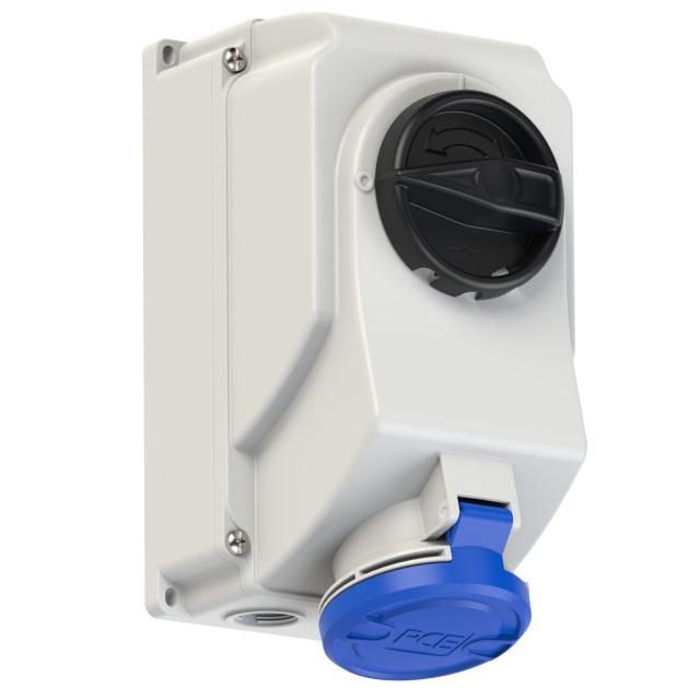 GNIAZDO Z WYŁĄCZNIKIEM 0-1 DUŻE BLOKADA MECHANICZNA 32A 230V 2P+Z IP44 IP44