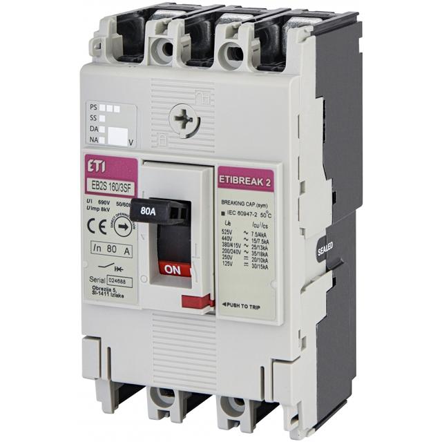 Wyłącznik mocy 3P 25kA wyzw. TM (bez regulacji) EB2S 160/3SF 80A 3P 004671834 ETI