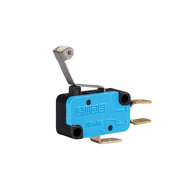 Mikroprzełącznik, zestyk przełączny 1NO+1NC, dźwignia podgięta z rolką z tworzywa