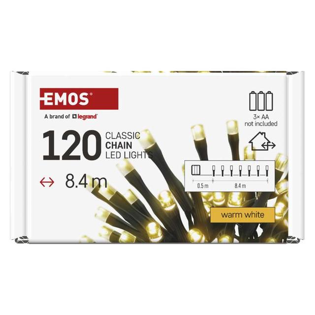 Lampki choinkowe 120 LED 8,4m 3xAA ciepła biel IP44 timer D4FW03 EMOS