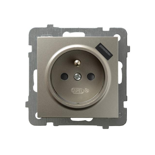 AS Gniazdo pojedyncze z uziemieniem z przesłonami torów prądowych, z ładowarką USB - kolor satyna li