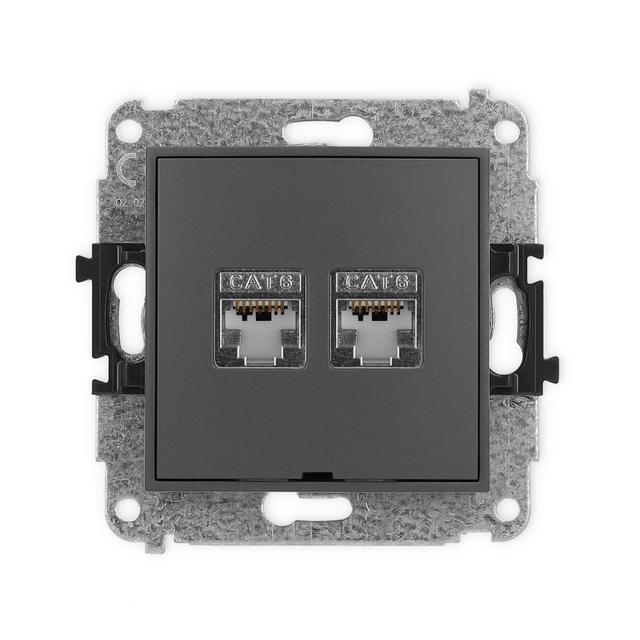 MINI Gniazdo podwójne komputerowe 2xRJ45, kat. 6, ekranowany, 8-stykowy, bez pola opisowego grafitowy mat 28MGKBO-6 KARLIK