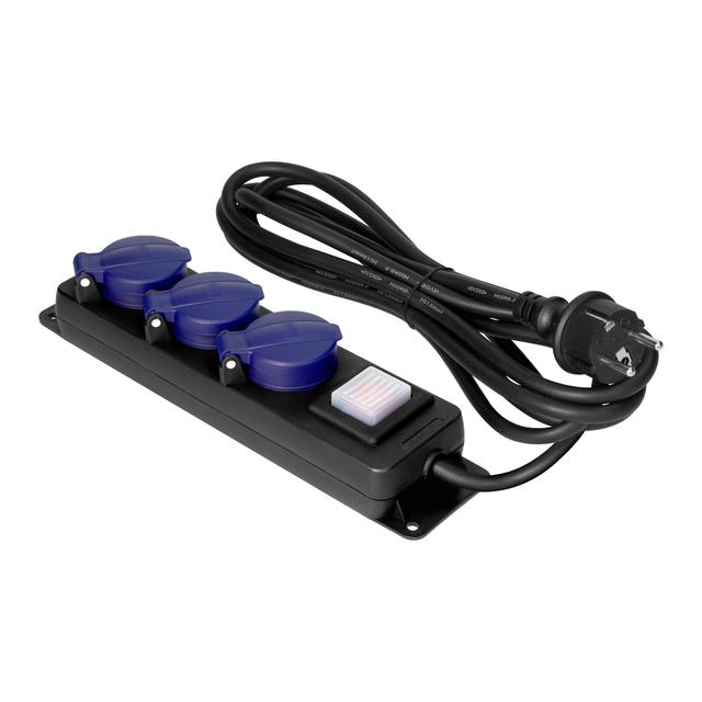 Przedłużacz warsztatowy bryzgoszczelny z wyłącznikiem IP44, 3 gniazda 2P+Z IP44, przewód gumowy, H05