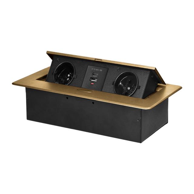 Gniazdo meblowe wpuszczane w blat z płaskim frezowanym rantem i ładowarką USB, 2x2P+Z, 2xUSB (typ A+