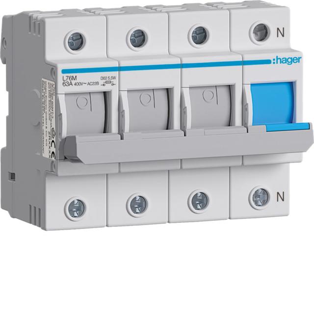 Modułowy rozłącznik bezpiecznikowy poziomy D02 3P+N 63A 400VAC 110/220VDC L76M HAGER