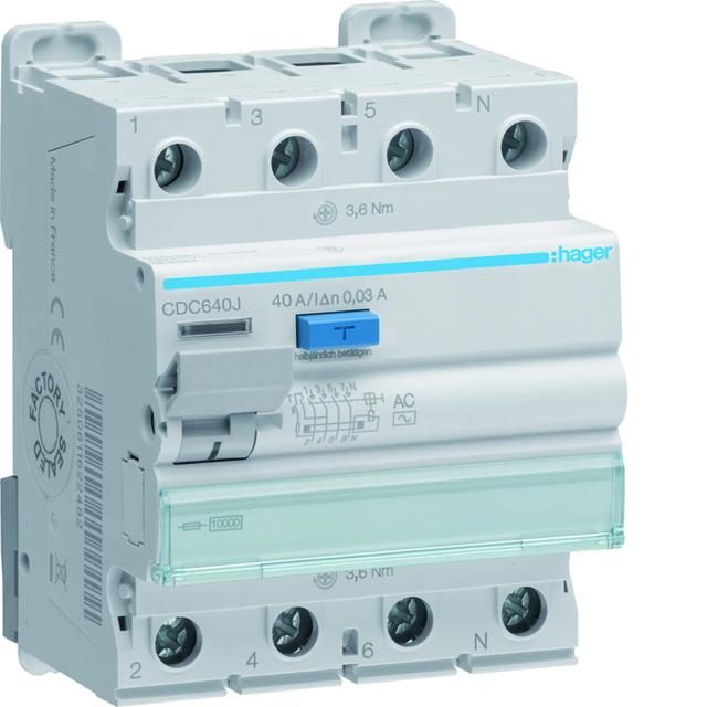 RCCB Wyłącznik różnicowoprądowy 3P+N 40A 30mA 10kA AC CDC640J HAGER