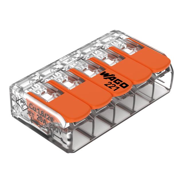 Szybkozłączka z dźwignią 5x 0,2‑4mm2 transparentna / pomarańczowa 221‑415 /25szt./ WAGO