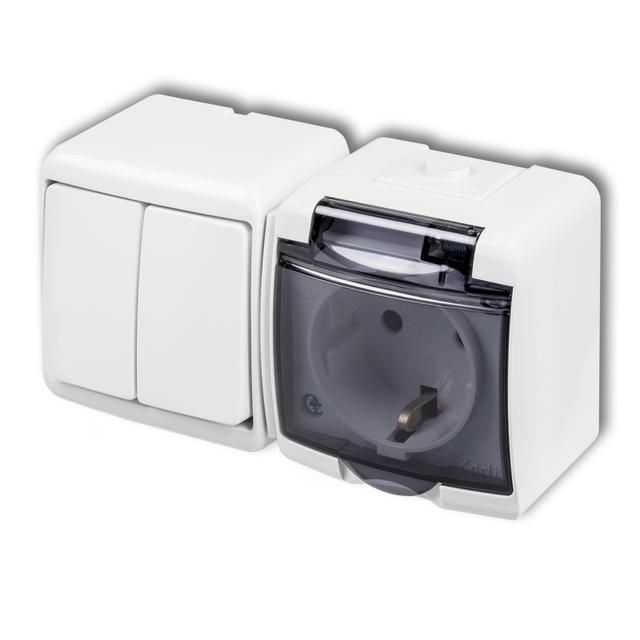 JUNIOR Łącznik świecznikowy z gniazdem pojedynczym z uziemieniem SCHUKO 2P+Z (klapka dymna; przesłon