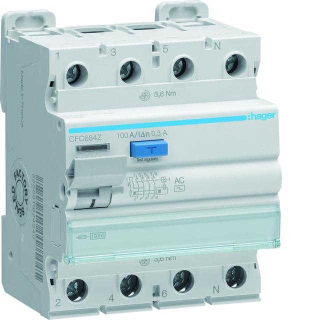 RCCB Wyłącznik różnicowoprądowy 3P+N 100A 300mA 10kA AC CFC684Z HAGER