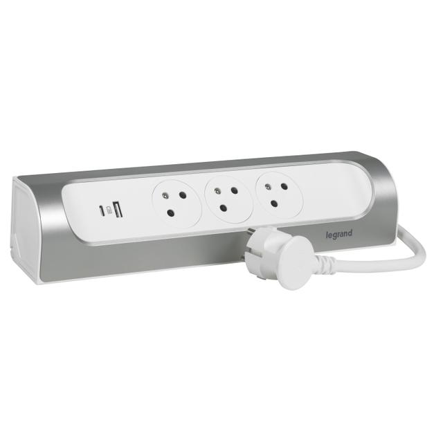 Przedłużacz Narożny 3-Gniazdowy Z/U Usb A+C Z Przewodem 1.0 Metra 3x1.5Mm2 Biały/Aluminium Helmo 049406 LEGRAND