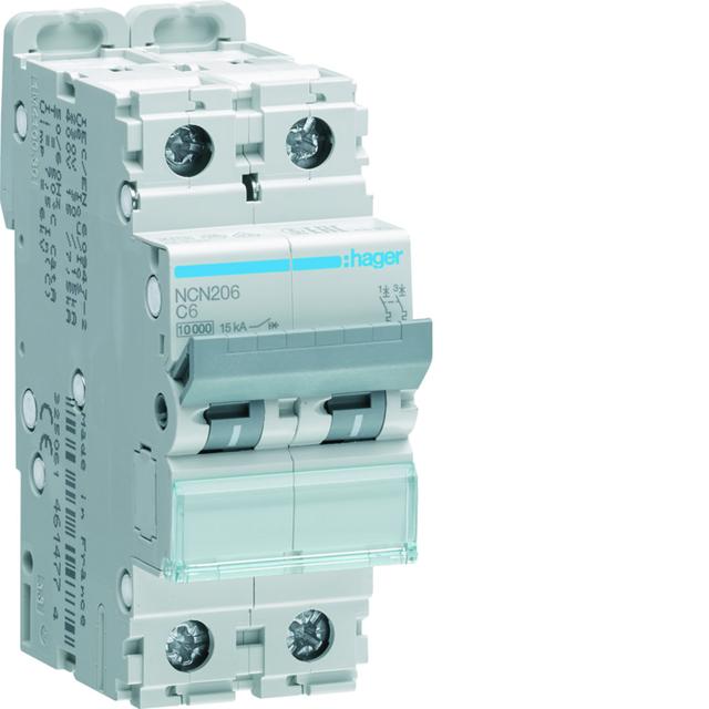 MCB Wyłącznik nadprądowy 10kA/15kA 2P C 6A NCN206 HAGER