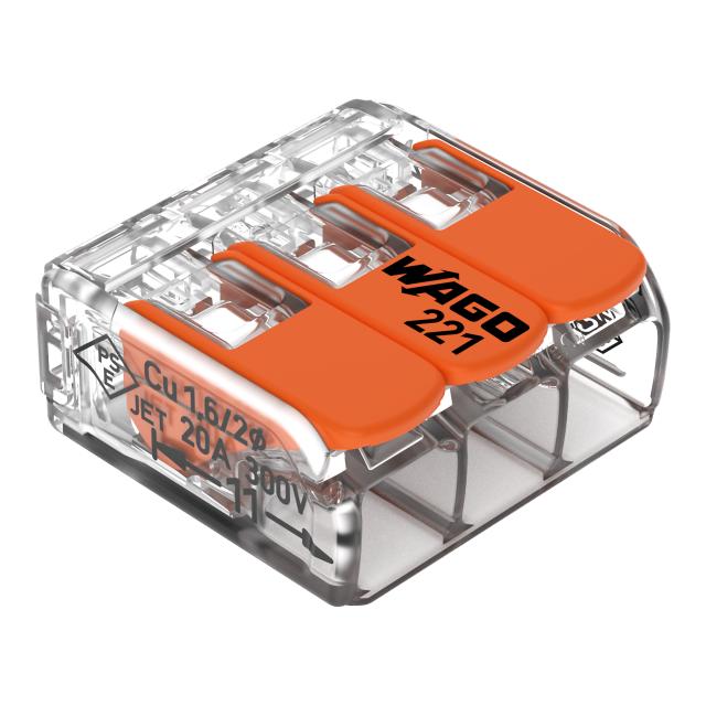 Szybkozłączka z dźwignią 3x 0,2‑4mm2 transparentna / pomarańczowa 221‑413 /50szt./ WAGO