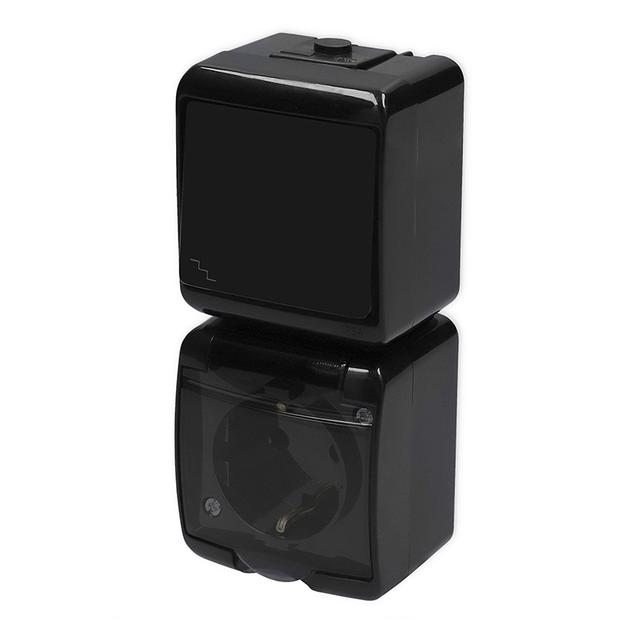 JUNIOR Łącznik schodowy z gniazdem pojedynczym z uziemieniem SCHUKO 2P+Z (klapka dymna; przesłony to