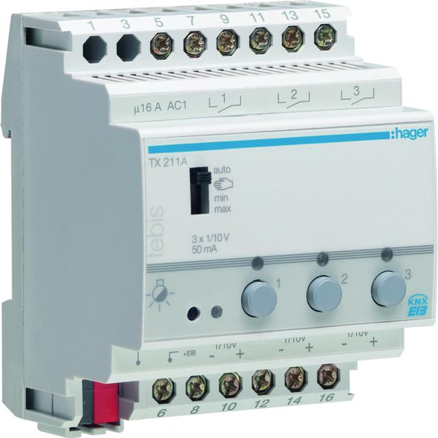 KNX e/s Ściemniacz załączający 1x10V 50 mA 3-kanałowy 4 mod TX211A HAGER