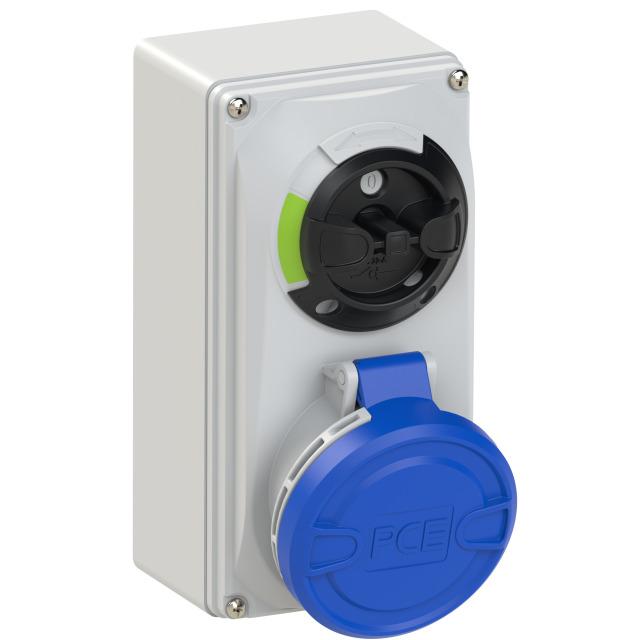 GNIAZDO Z WYŁĄCZNIKIEM 0-1 MAŁE BLOKADA MECHANICZNA 32A 230V 2P+Z IP44 6123-6 46196 PCE