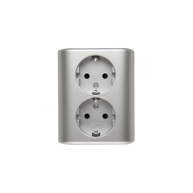 Simon 54 Gniazdo podwójne Schuko p/t z przesłonami wersja skandynawska 16A szybkozłączka srebrny mat