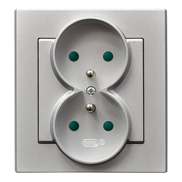 SONATA Gniazdo podwójne z uziemieniem z przesłonami torów prądowych, kompletne z ramką - kolor srebr