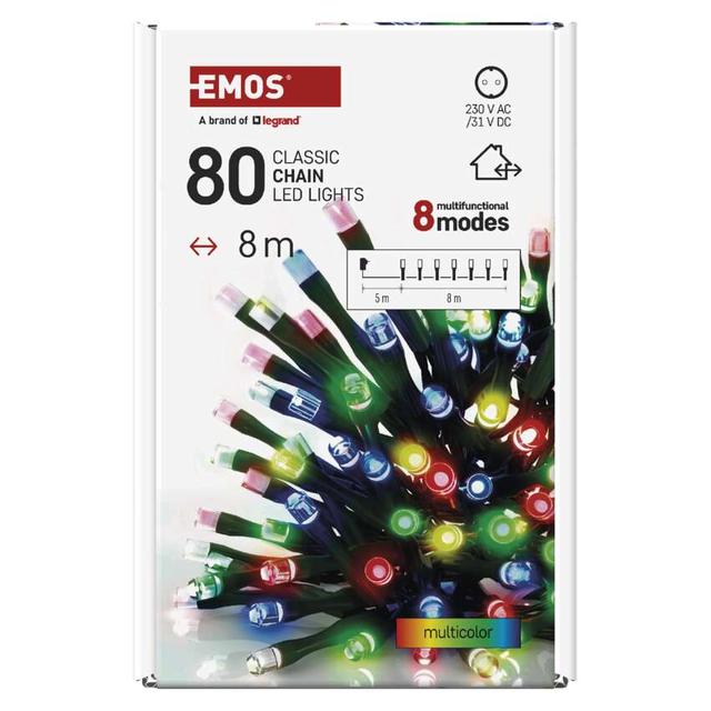 Lampki choinkowe Classic 80 LED 8m multikolor zielony przewód IP44 8 programów timer D4AM22 EMOS