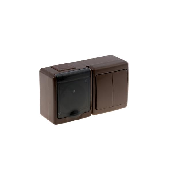 Wyłącznik BETA1, pojedynczy, świecznikowy z gniazdem BETA1, pojed., 2P+Z, IP44, dymnym, ob. brąz