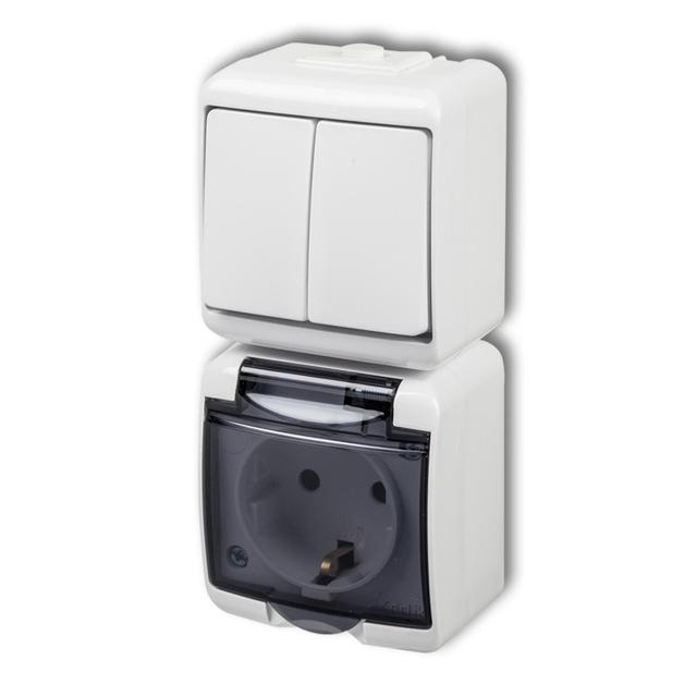 JUNIOR Łącznik świecznikowy z gniazdem hermetycznym SCHUKO (klapka dymna; bez przesłon) biały