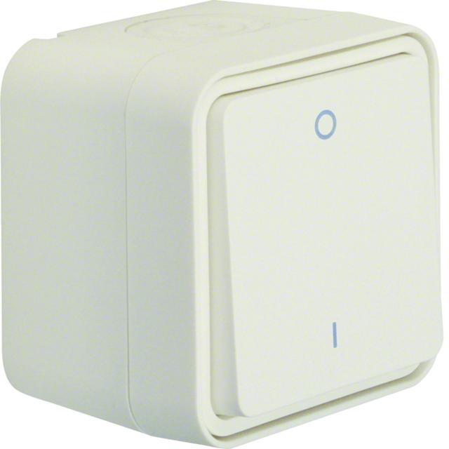 BERKER W.1 Łącznik 1-klawiszowy dwubiegunowy z nadrukiem 0/1 kompletny IP55 biały 30723502 HAGER