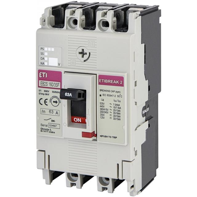 Wyłącznik mocy 3P 25kA wyzw. TM (bez regulacji) EB2S 160/3SF 63A 3P 004671833 ETI