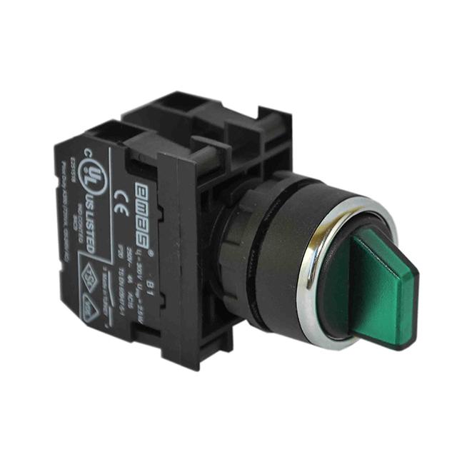 Przycisk pokrętny podśw.2NO, niestabilny (2), pozycje 2-0-1,100-250V zielony