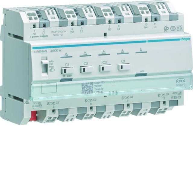 KNX e/s Ściemniacz uniwersalny 4-kan 4x300 W, f. sumowania obc. KNX secure
