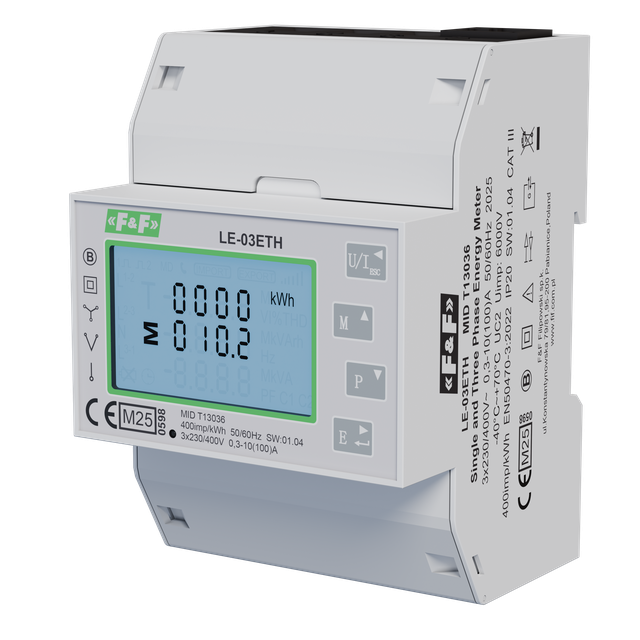 Trójfazowy licznik pomiar bezpośredni 100A komunikacja Modbus TCP MID LE-03ETH F&F